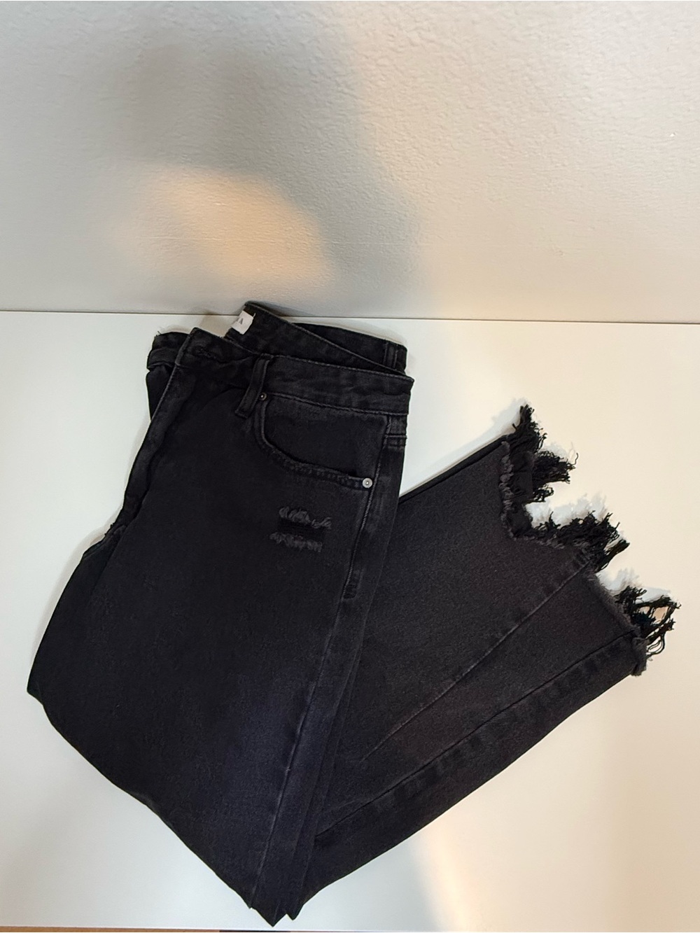 Black Distressed Crop Jeans with Frayed Ankle